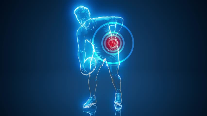 Conceptual 3D animation of a rugby player with back pain