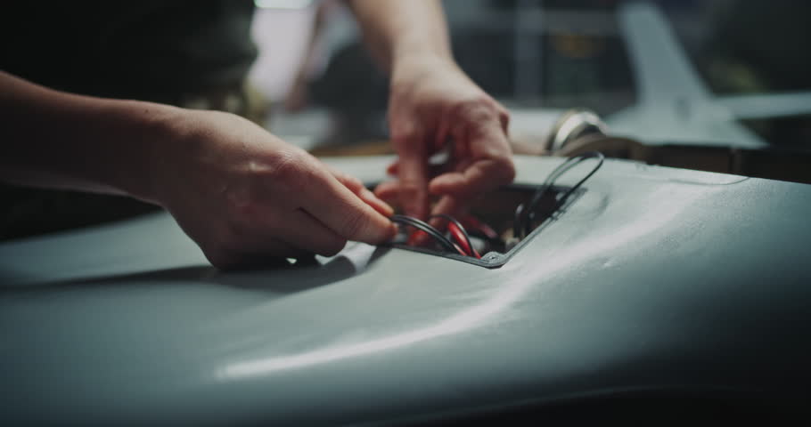 Close Up of Technician Hands Precisely Connecting Wires and Installing Electronics Inside Open Body of Fixed Wing Unmanned Aerial Vehicle. Concept Meticulous Assembly in Advanced Drone Engineering.