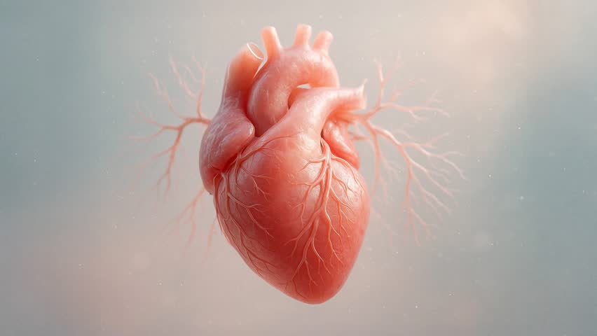 Realistic 3d animation showing a human heart beating and pumping blood in a cardiovascular system
