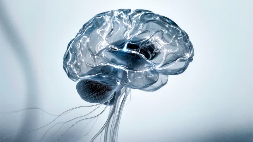 Digital human brain model showing neural network activity and thought processes on a white background