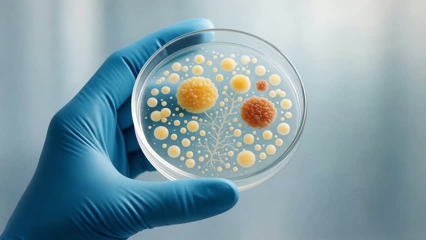 Microbiologist hand holding a petri dish with various bacteria and fungi colonies growing inside
