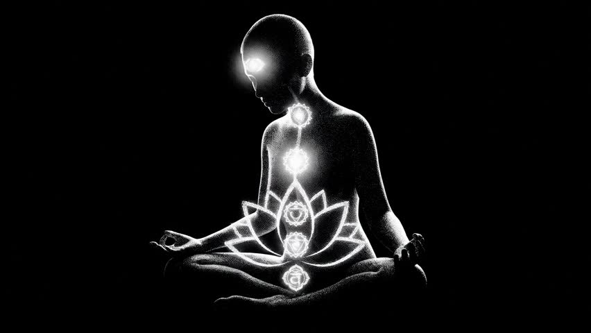 2d animation of spiritual woman meditating in a lotus position with glowing chakra symbols on a black background