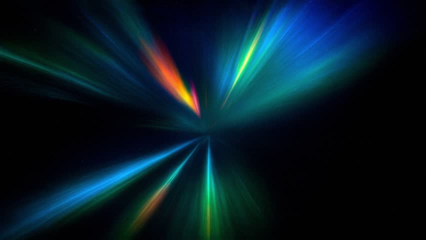 Abstract animation of vibrant, colorful light beams creating a wormhole effect in deep space