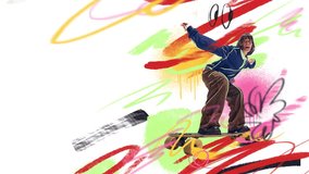 Ad template. Skater in motion with colorful artistic graffiti background full of energy. Concept of urban lifestyle, fashion editorial, street culture, youth creativity, and emotional freedom. - Powered by Shutterstock - Get 15% off with code: PIKWIZARD15