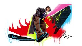 Modern video ad. Female model in long coat with bold graffiti pop art abstract background. Concept of avant garde fashion, urban editorial culture, modern visuals, and emotional strength. - Powered by Shutterstock - Get 15% off with code: PIKWIZARD15