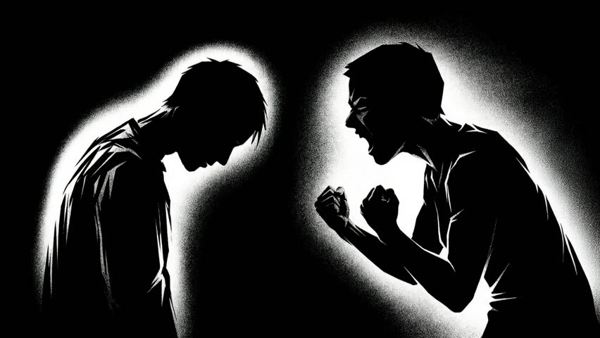 2d animation of two men silhouetted, one aggressively shouting at the other who is withdrawn and fearful