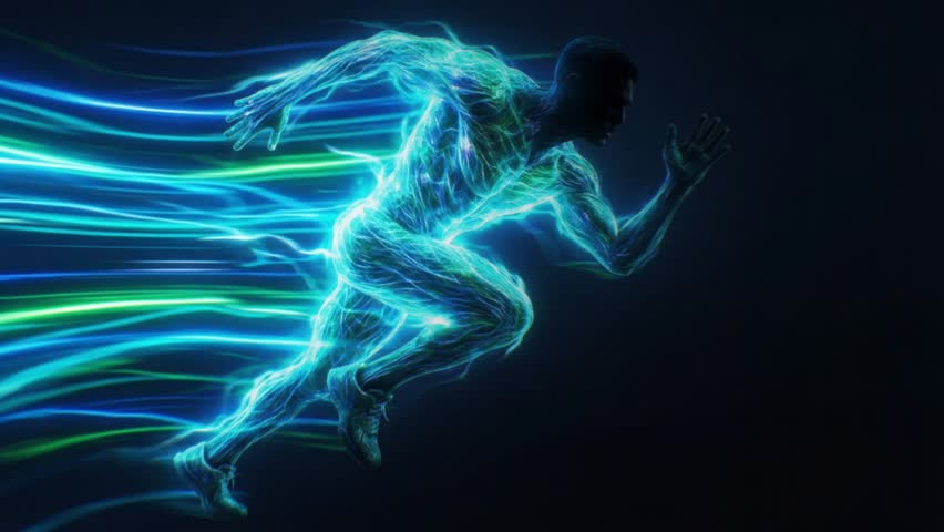 Male athlete with visible muscles running at high speed leaving a trail of blue light streaks