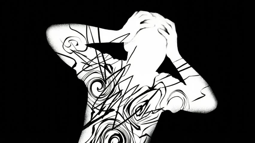 Abstract 2d animation of a person's silhouette with animated patterns symbolizing mental anguish