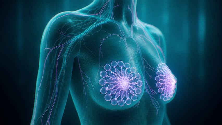 Detailed 3d anatomical visualization of the female breast, highlighting the mammary glands structure