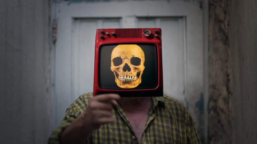 A Human Skull in the TV Head of a Man - Close Up
