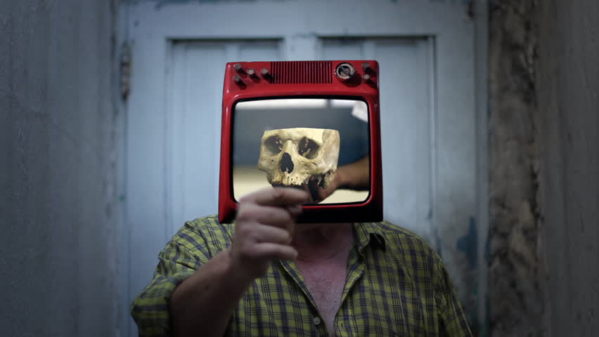 TV Headed Man Displaying Human Skull on Screen - Symbolic Visual 