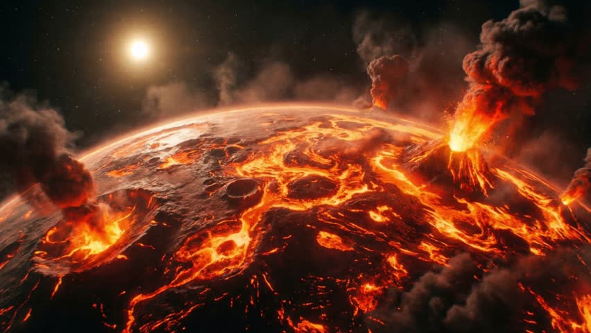 3D Volcanic planet erupting with lava and smoke during its early formation in the vast cosmos