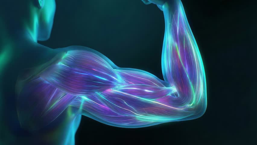 Animated human anatomy of an arm flexing, showing muscle contraction and nervous system energy
