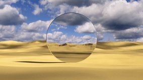Round mirror reflecting dynamic clouds on Desert Dunes. Dolly zoom aka vertigo effect. 3D render animation - Powered by Shutterstock - Get 15% off with code: PIKWIZARD15