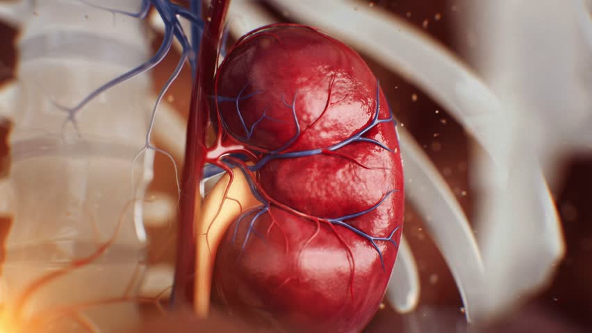 Medically accurate 3d animation of a human kidney showing blood vessels, spine, and rib cage