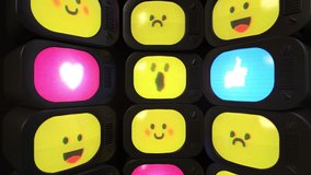 Retro TV Wall Displaying Colorful Social Media Emojis and Reactions (Uniquely Designed). Playful mix of vintage aesthetics and modern digital emotions. 3D render seamless loop animation - Powered by Shutterstock - Get 15% off with code: PIKWIZARD15