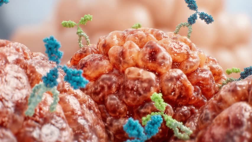 Medical animation showing immunoglobulin molecules attacking a virus or cancer cell