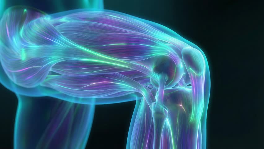 Detailed anatomical visualization of the human leg muscles, nerves, and tendons in a glowing scan