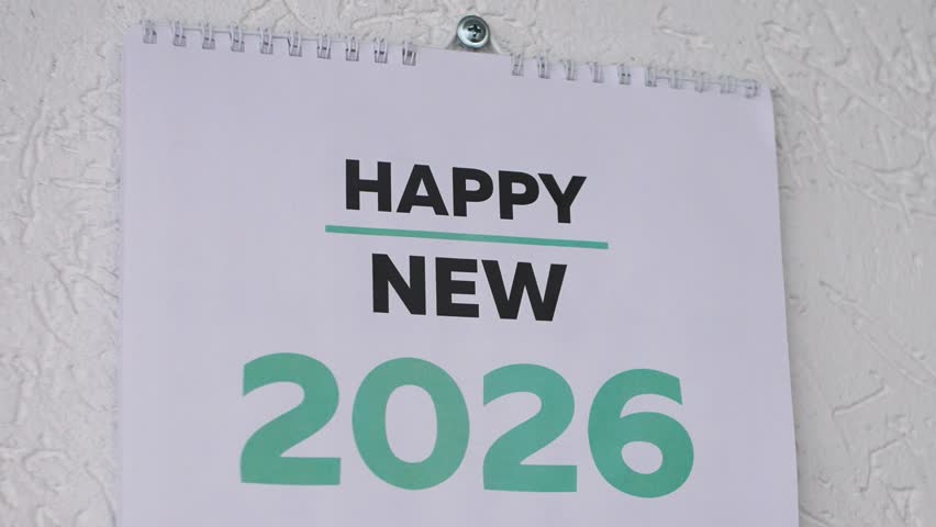 Close-up of the date January 1 highlighted on a 2026 wall calendar