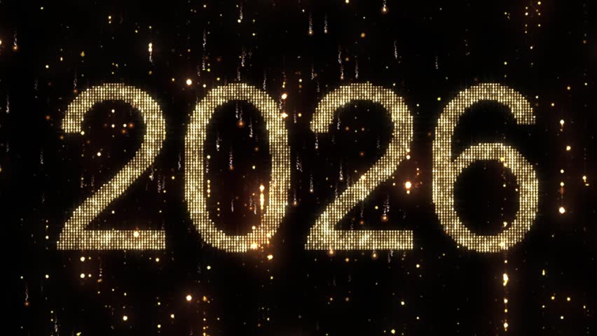 Happy new year 2026 countdown celebration animation with gold glitters. Happy New Year festive celebrations. Gold animated background greetings