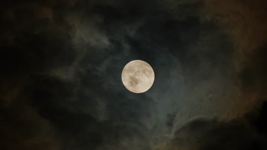 Night Sky Timelapse: Full Moon and Cloud Movement Over Forest Silhouette. Time-lapse with Full Moon and Fast-Moving Clouds in Forest. Time Lapse