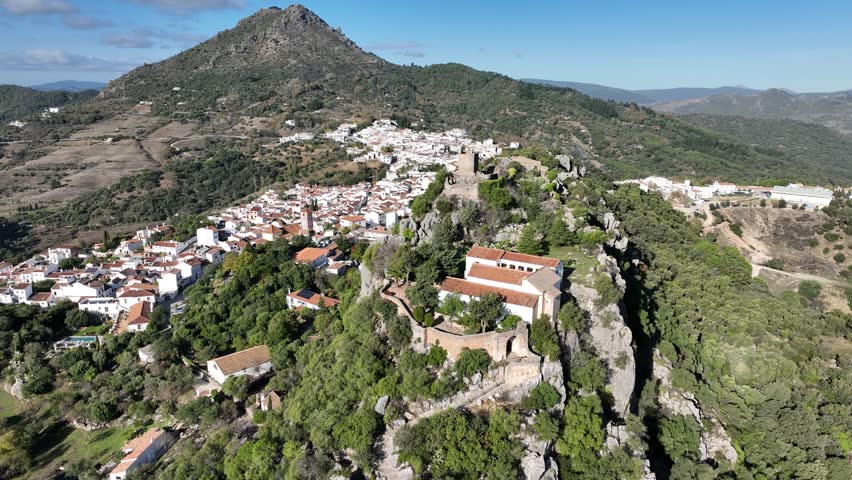 Aerial view of the municipality of Gaucín and its castle in the province of Málaga, Spain