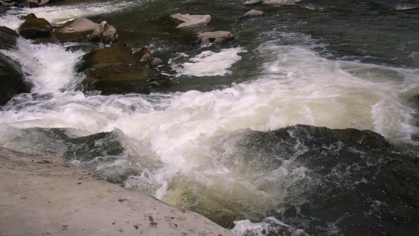 White foamy water rapids rush over dark submerged rocks in a natural river stream