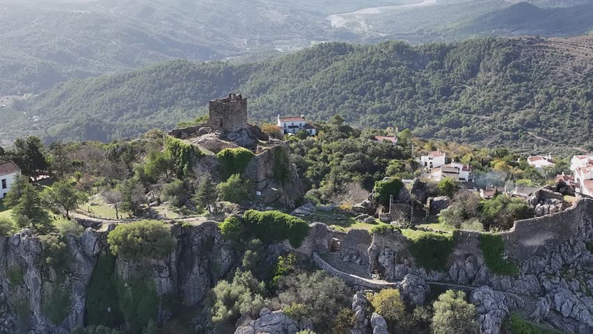 Aerial view of the municipality of Gaucín and its castle in the province of Málaga, Spain