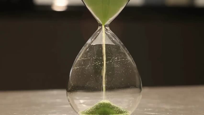 hourglass on table, sand flowing through the bulb. hourglass made of glass in the desk with out-of-focus background. close up of a transparent hourglass with flowing sand on blur background.