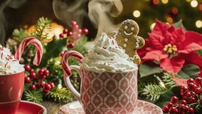A deliciously cozy Christmas scene featuring festive hot chocolate mugs topped with whipped cream, candy canes and sprinkles. Perfect for holiday gatherings, desserts and warming winter moments. - Powered by Shutterstock - Get 15% off with code: PIKWIZARD15