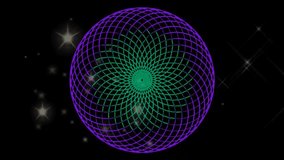 An animated, hypnotic loop featuring a psychedelic orb with a rotating, glowing wireframe grid ( purple, green, and orange) set against a cosmic background of twinkling stars and streaking lights. - Powered by Shutterstock - Get 15% off with code: PIKWIZARD15