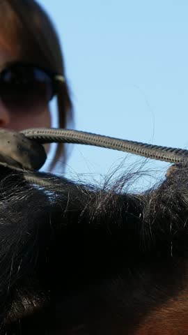 A portrait of a jockey girl, she holds reins in her leather glove, grabs a horse for a mane