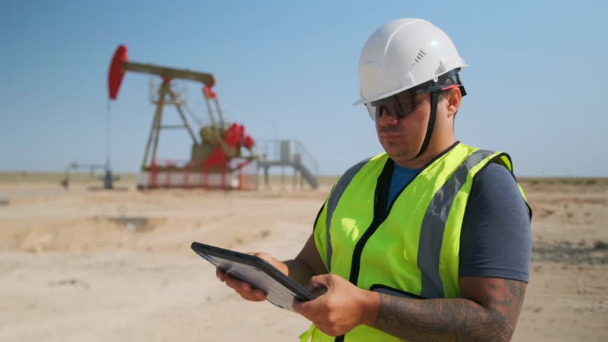 Oil worker in white helmet, safety vest and sunglasses checking data on tablet while monitoring pump jack operation in desert field under bright sun.