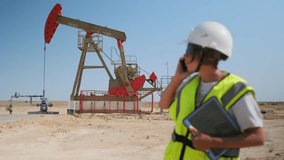 Woman in helmet and reflective vest standing in windy petroleum field, holding digital tablet and speaking on phone to report about work process near oil pump jack. - Powered by Shutterstock - Get 15% off with code: PIKWIZARD15