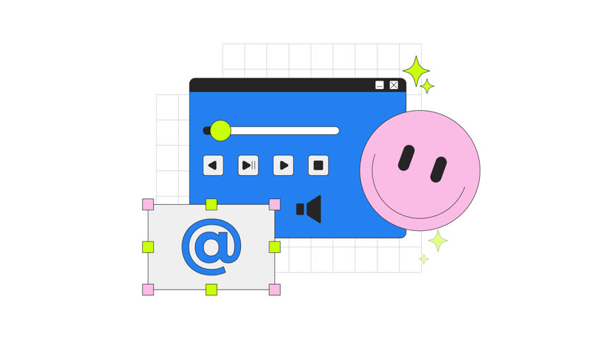 Web interface with digital communication 2D onboarding ui animation. Multimedia player with cursor. Chat bubble with email and emoji animated cartoon flat concept, app intro 4K video isolated on white