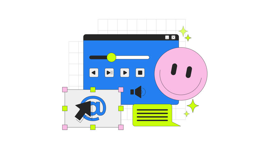 Web interface with digital communication 2D onboarding ui animation. Multimedia player with cursor. Chat bubble with email and emoji animated cartoon flat concept, app intro 4K video isolated on white