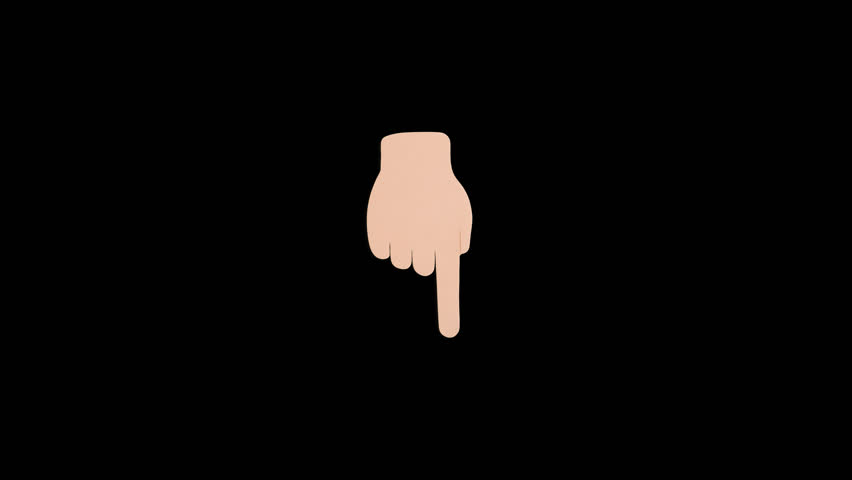 Hand with a finger pointing down on a black background. The hand is positioned in the center of the image and the finger is pointing towards the left. The background is dark. animation icon video