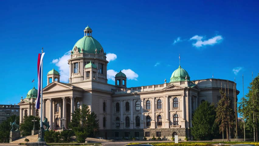 Belgrade, Serbia  The House of the National Assembly of the Republic of Serbia on Nikola Pasic Square in downtown Belgrade.
Belgrade, Serbia - May 25, 2024: Serbian Parliament Government Building on a