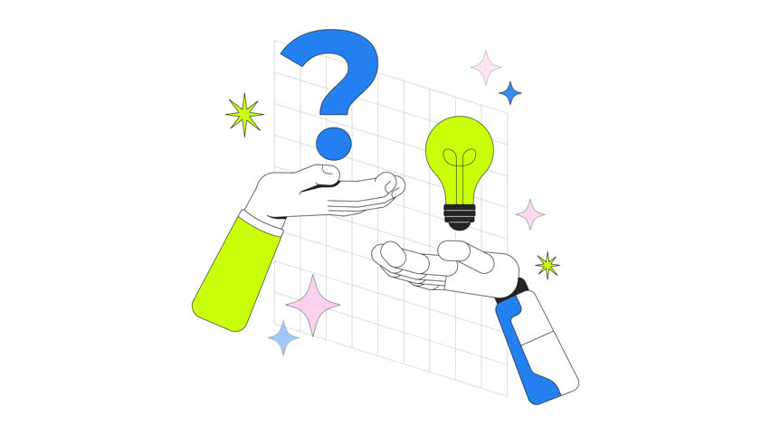 AI research 2D onboarding ui animation. Artificial intelligence problem-solving. Human with question, robotic hand with lightbulb solution animated cartoon flat concept, app intro 4K video isolated
