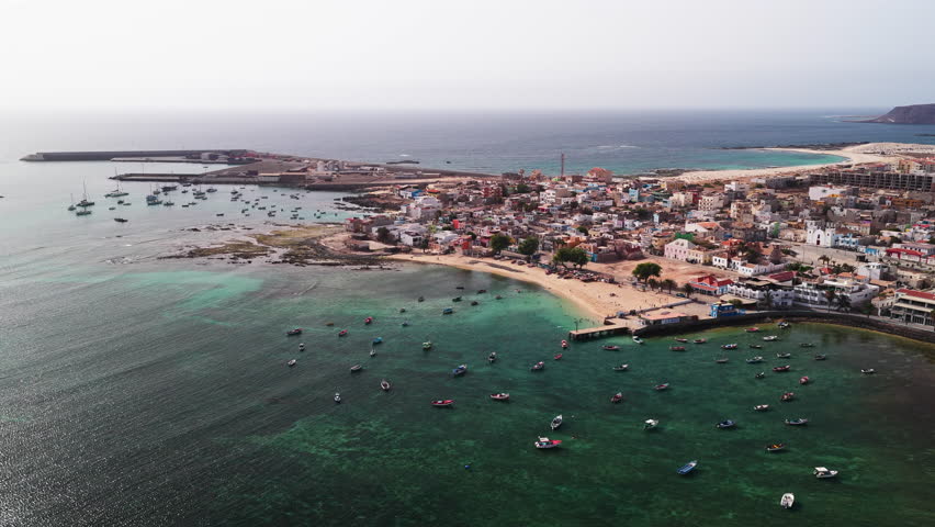 Aerial view of Sal Rei, Old city with many colorful house, turquoise ocean and sandy beach,Boa Vista, Cape Verde