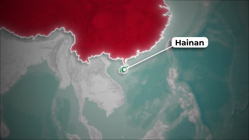 Animated map of China highlighting the country and zooming into Hainan Island on a world map background. Excellent for geographical or political explainers and news.