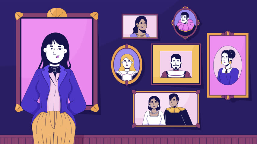 Noble girl giggling proudly in gallery of baroque portraits lofi animation cartoon wallpaper. Victorian family lineage. Young aristocrat woman. Lo fi 2D animated 4k video. Concept chill aesthetic
