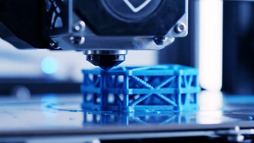 Close-up of a modern 3D printer in action, showing plastic extrusion, object forming, slow-motion printing, and innovative digital manufacturing technology.