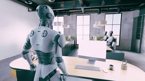 Futuristic humanoid robots in an office, led by a cyber leader, coordinating tasks on laptops, showing AI teamwork, advanced technology, and digital workplace animation. - Powered by Shutterstock - Get 15% off with code: PIKWIZARD15
