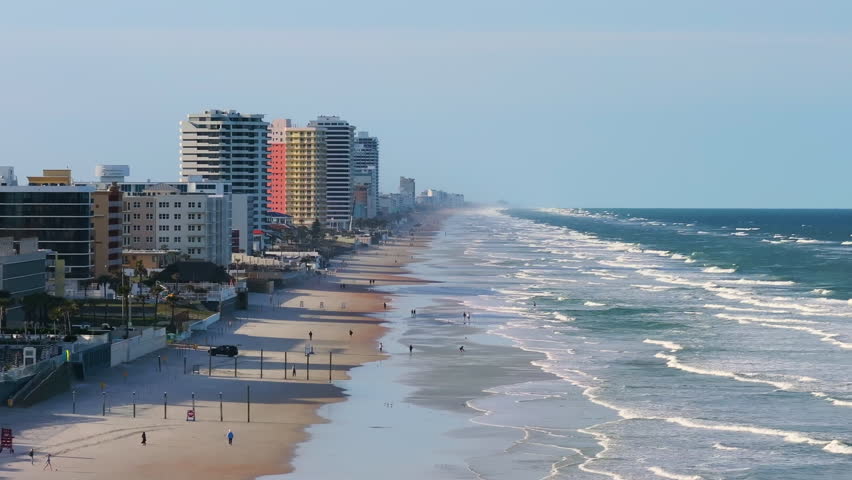 Daytona Beach, Florida. Luxurious beachfront hotels and apartment buildings line the southern US seashore.