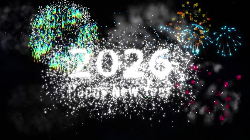 Happy New Year 2026 Banner with Fireworks, 2026