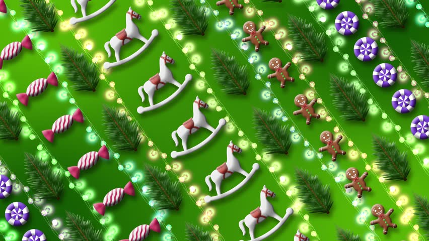A diagonal repeating pattern of bright festive elements like treats, gingerbread cookies, and small pine trees covers the entire background.