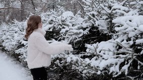 Soft winter light illuminating peaceful forest scene, woman caressing snow laden pine branches, sparkling snowflakes drifting softly around her - Powered by Shutterstock - Get 15% off with code: PIKWIZARD15
