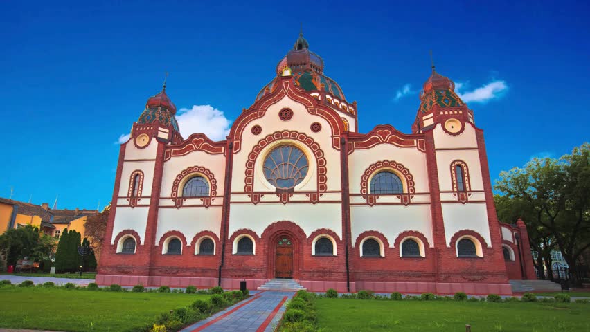 Subotica synagogue during a summer day in Serbia27 January 2024, Subotica, Serbia: historic synagogue in Subotica, Serbia, its towering entrance welcoming visitors of all faiths to explore its rich he