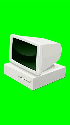 Looping animation of a vintage 1980s 90s  3D desktop computer. The screen displays a blinking DOS prompt. Isolated on green screen. (Vertical)